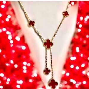 18k over Stainless Steel Elegant Red and Gold Clover Necklace